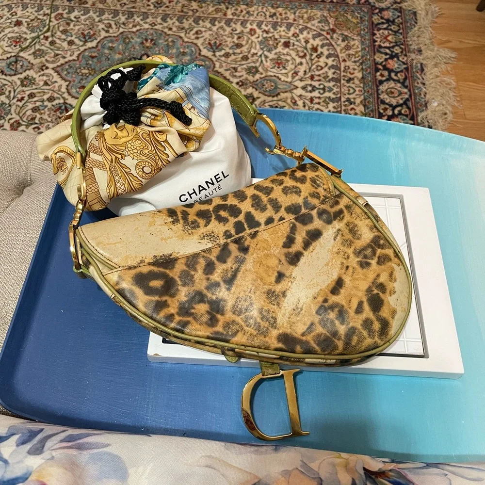 Dior Canvas & Ostrich Leather Leopard Print Saddle Bag - Picture 6 of 17